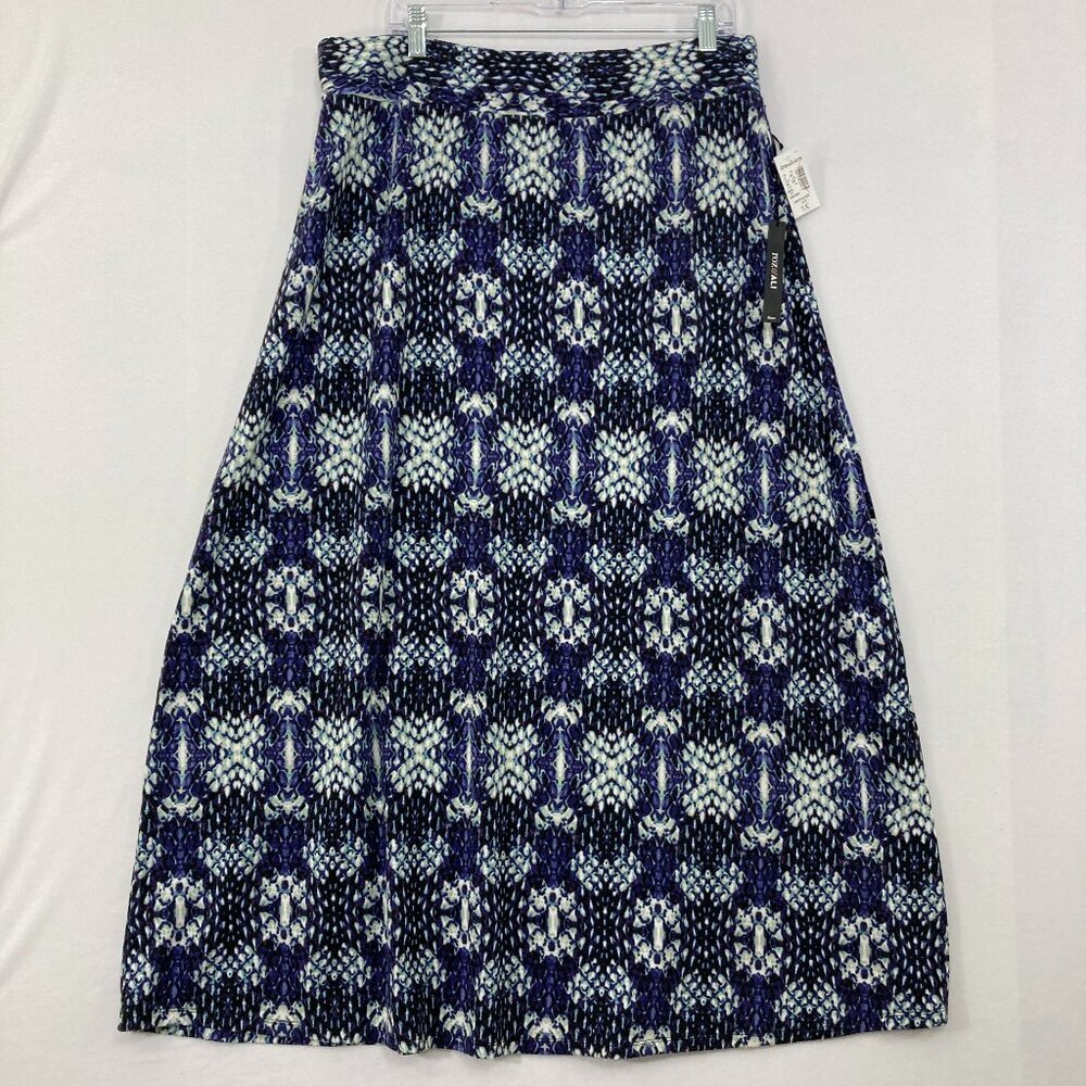 New Roz & Ali size 1X Blue Geometric Boho Print Stretch Knit‎ Pull-on Midi Skirt